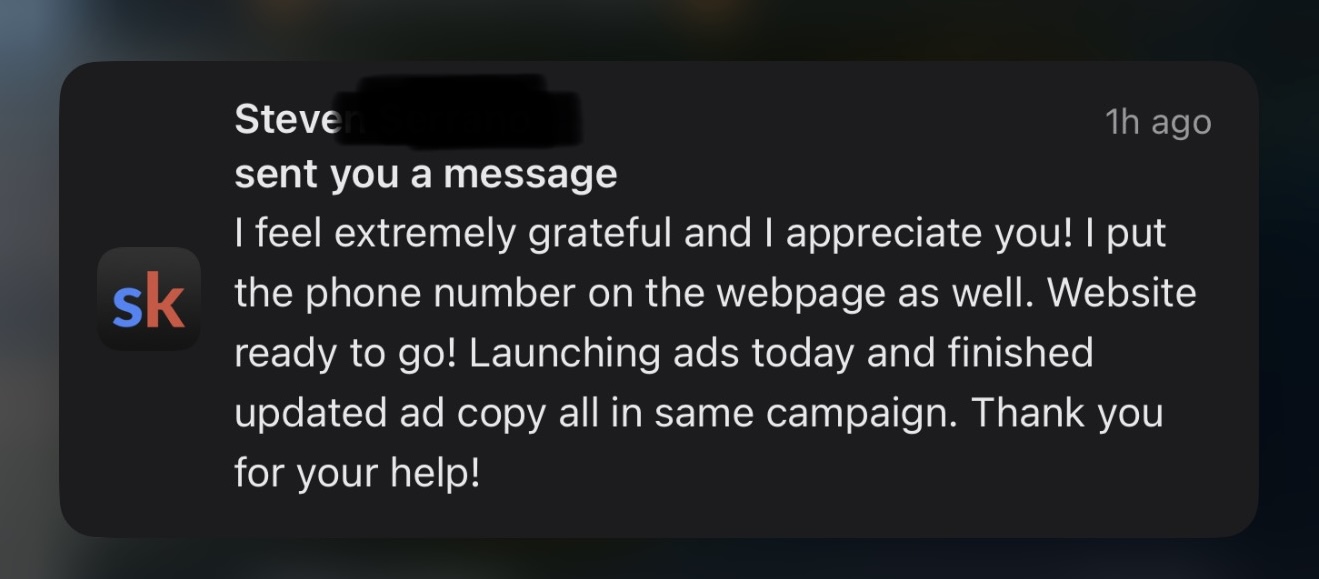 Student message: Launching ads today and finished updated ad copy. Thank you for your help!